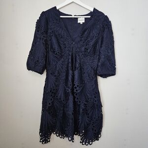 Adelyn Rae Harper Lace Mini Dress Cocktail Scallop Navy Blue Empire-waist V-neck